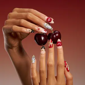 Trendy Y2K Almond Press On Nails, French Tip, Custom Zebra Print Design, Gold Gems, New York Inspired, Red 3D Lip Art, Painted Star Designs, Long Lasting, Salon Quality, Reusable