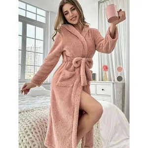 Autumn–Winter plush loose hooded long-sleeve belted bathrobe sleepwear; casual, warm double-face velvet pajamas for home wear