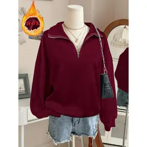 Women's Casual Quarter Zip Hoodie, Y2K Style Long Sleeve Pullover with Dropped Shoulders, Comfortable Relaxed Fit Top for Fall & Winter