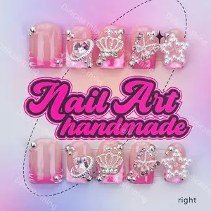 Delicatething Y2K Style Duckbill Square Nail Tips, Handmade Wearable Nails, Press On Nails, Nail Extensions, Nail Tips Art, 4 Sizes XS S M L, Star Crown Rhinestone Butterfly Design, Perfect Gift for Girls