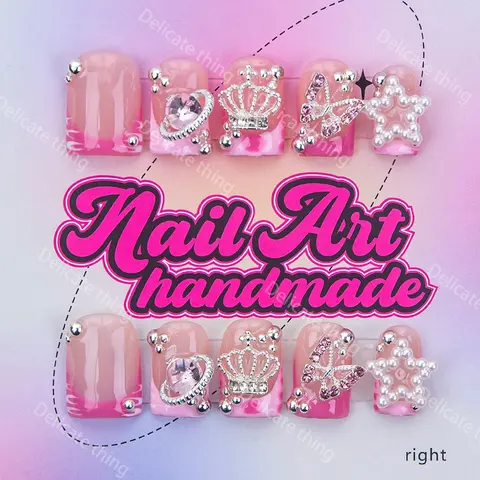 Delicatething Y2K Style Duckbill Square Nail Tips, Handmade Wearable Nails, Press On Nails, Fake Nails, Nail Extensions, Nail Tips Art, Nail Designs, 4 Sizes XS S M L, Star Crown Rhinestone Butterfly Design, Perfect Gift for Girls
