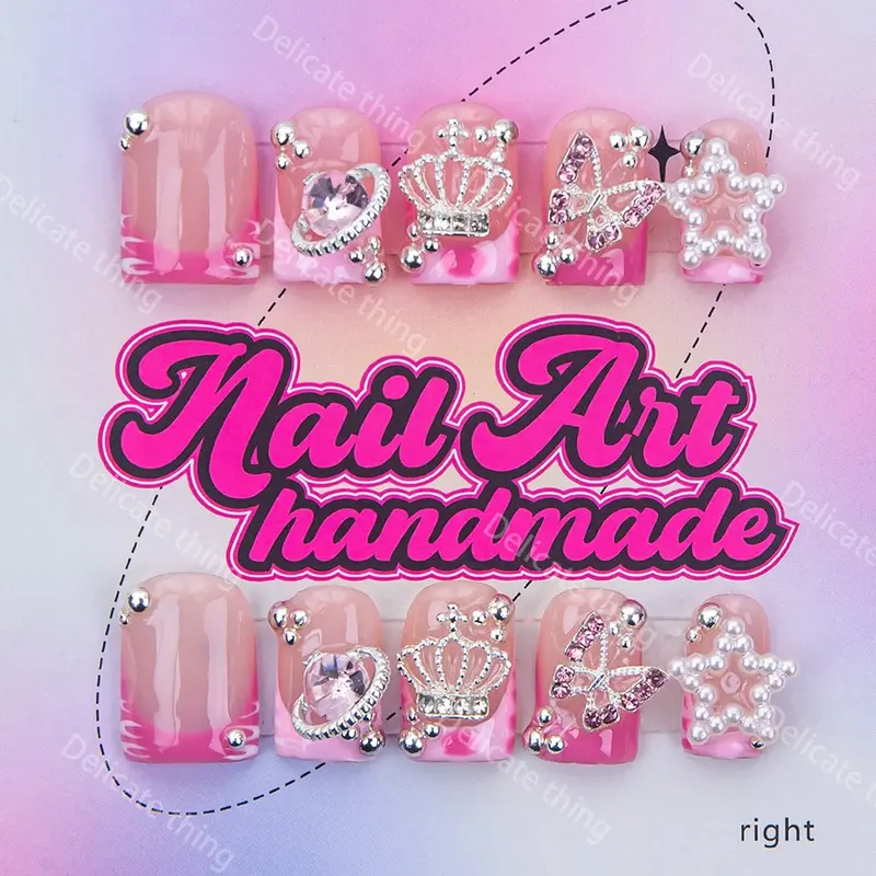 Delicatething Y2K Style Duckbill Square Nail Tips, Handmade Wearable Nails, Press On Nails, Fake Nails, Nail Extensions, Nail Tips Art, Nail Designs, 4 Sizes XS S M L, Star Crown Rhinestone Butterfly Design, Perfect Gift for Girls