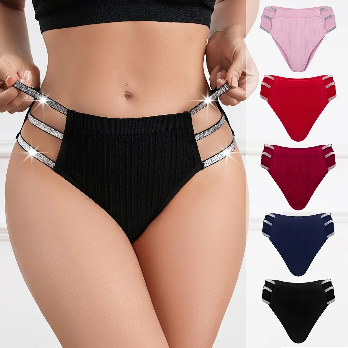 Payina 5Pack Women Cut Out Brief Underwear Shiny Waistband Striped Pattern Assorted Colors Soft Comfy Knicker Basic Minimalist Panties Womenswear Panty Lady