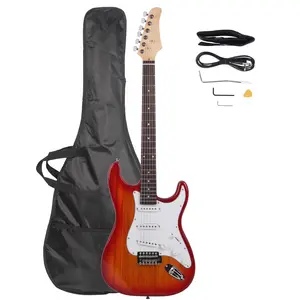 39 Inch Electric Guitar for Beginners with Rosewood Fretboard, Sunset Red Finish, Adjustable Guitar Strap, Picks, Cable, Tremolo Arm, Tool Kit & Carry Bag