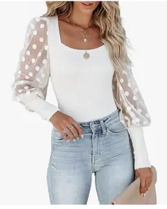 Elegance Fit Dotted Sleeves Ribbed Knit Top Breathable Fabric