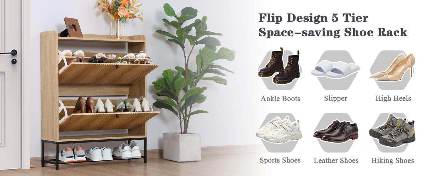 Giratree Fluted Shoe Cabinet with 2 Flip Drawers, Modern Slim Shoe Storage Organizer, Narrow Entryway Shoe Rack, Tipping Shoe Cabinet with Metal Legs for Heels, Boots, Slippers in Entrance