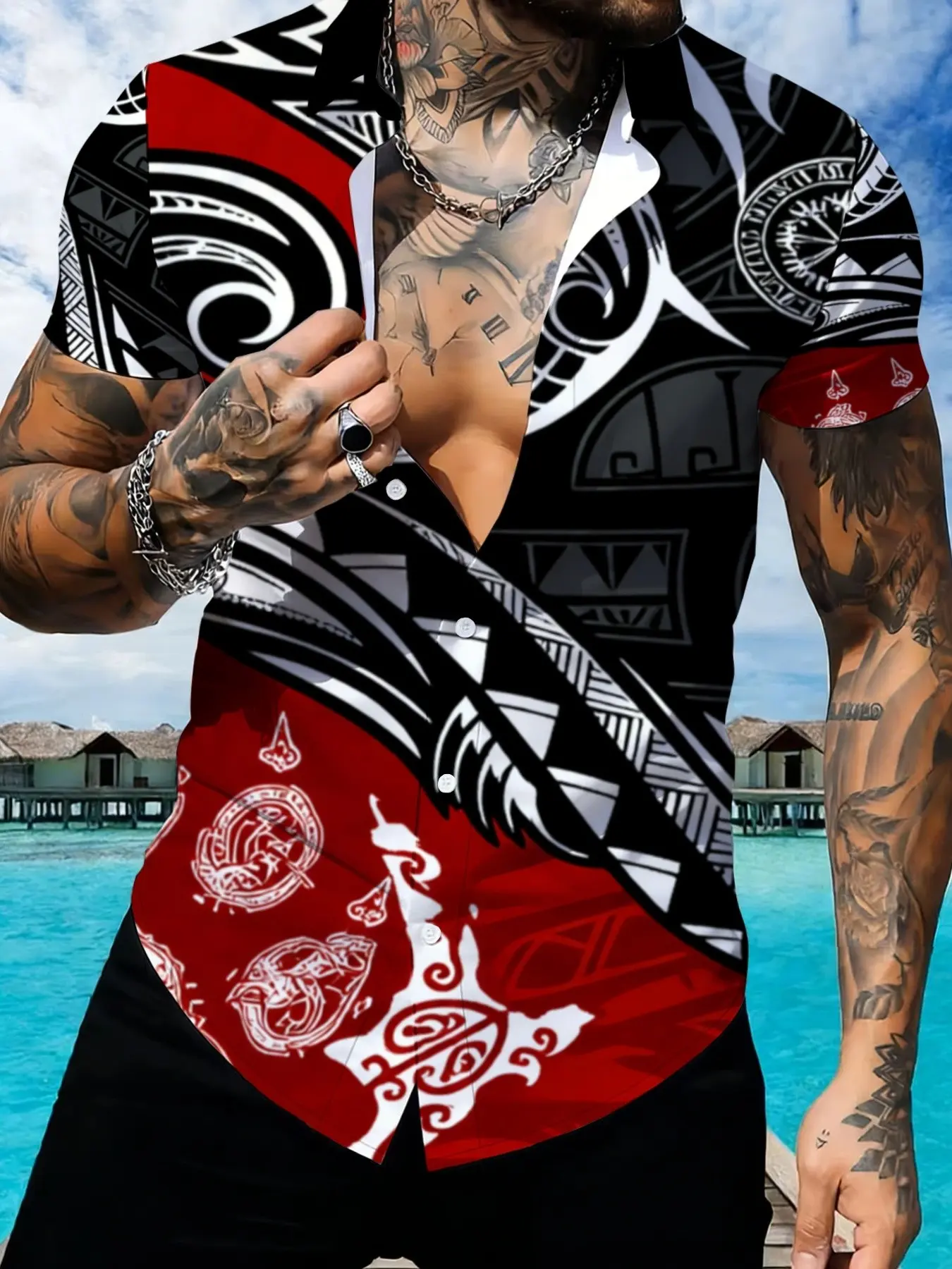 Men's Polynesian Tribal Totem Print Short Sleeve Shirt, Casual Slim-Fitting All-Over Print Top, Trendy Leisure Open Front Jacket