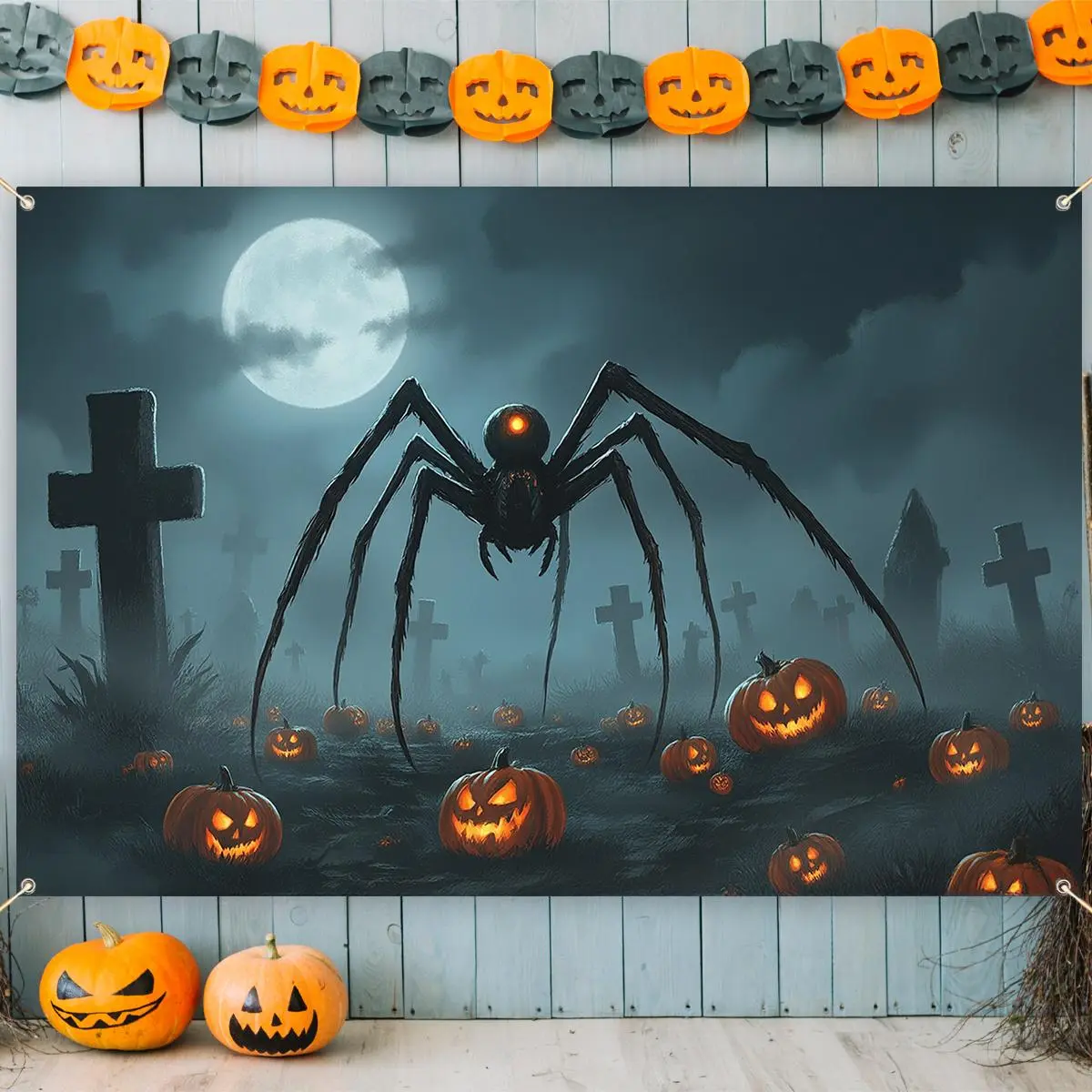 Halloween Themed Backdrop, 1 Count Spider & Cross Pattern Party Banner, Halloween Photography Backdrop, Versatile Backdrop for Halloween & Birthday Celebrations