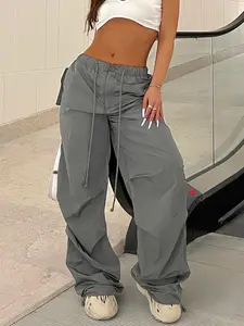 Women's Plain Drawstring Waist Cargo Pants, Casual Pocket Design Trousers for Daily Wear, Ladies Bottoms for All Seasons, Track Pants, Casual Streetwear Pants