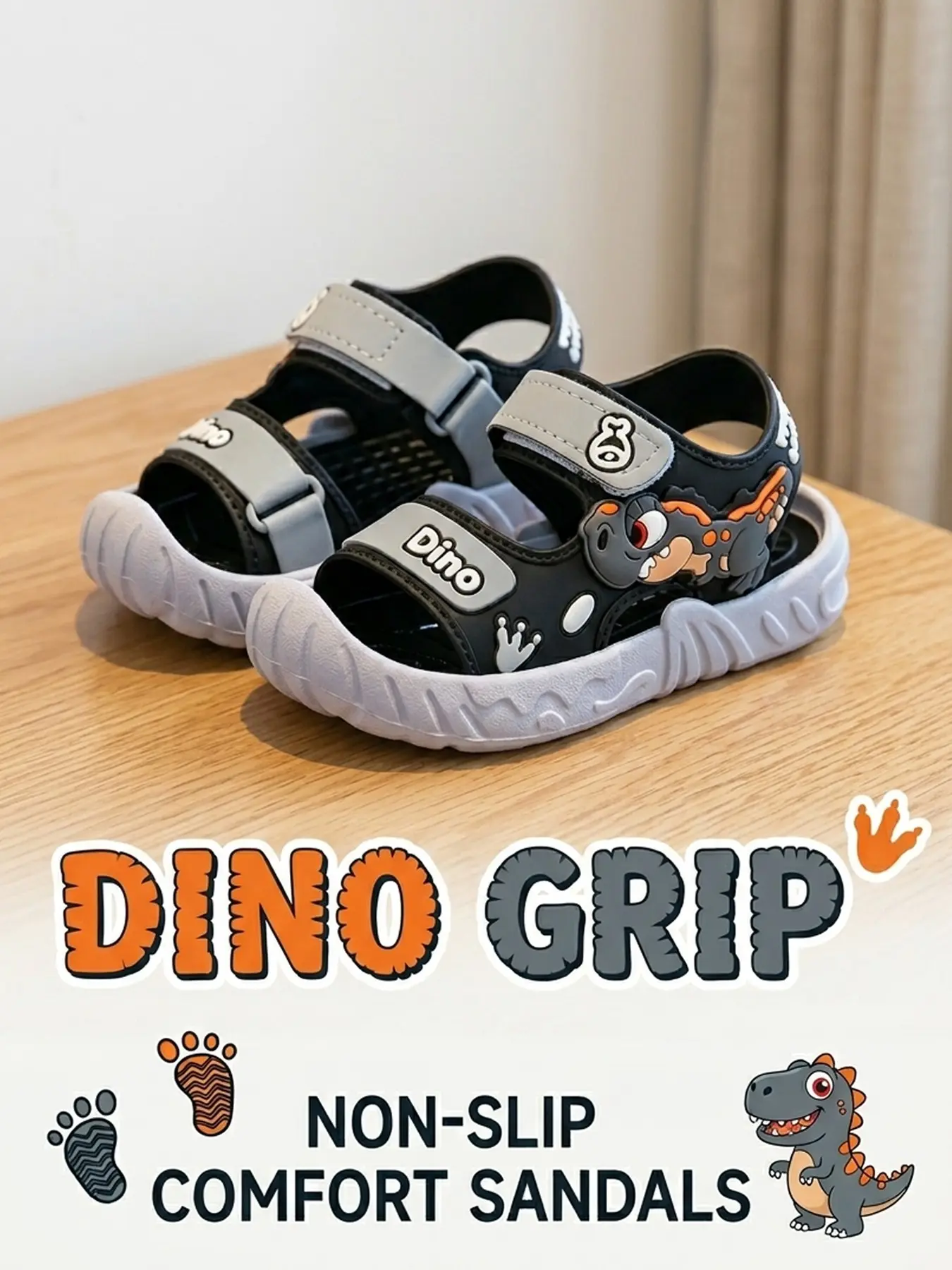 Boys' Floral PVC Sandals, Summer New Soft Sole Anti-Slip Dinosaur Cartoon Beach Shoes, Elegant Less Than Ankle Height