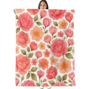 Flannel Blanket | Pink Blossom Blanket Soft Cozy Flannel Throw Blankets, Peach Rose And Camellia Flower Watercolor Art Throws For Couch Bed Sofa Living Room Spring Decor, Gifts For Women Floral Lovers | Gift Blanket / All Season