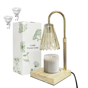 Gold Candle Warmer Lamp with Square Light Wood Base Amber Fluted Glass Shade Adjustable Height Flameless Wax Melter for Home Fragrance Floral Gift Box