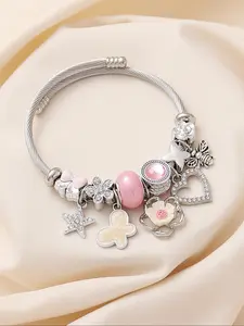 Cute Bee & Star & Flower & Butterfly & Heart Charm Bracelet, Stainless Steel Rhinestone Decor Cuff Bangle Bracelet for Women & Girls, Exquisite Jewelry for Birthday Gift, Valentine's Day, Gift, Rhinestone Decorated Bracelet, Fashion Bracelets