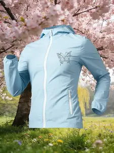 Rhinestone Butterfly Print Women Summer Hooded Zip Up Skin Coat Jacket Four Colors Optional Soft Skin Friendly Comfortable Loose Breathable Lightweight Fashion Casual Outdoor Camping Hiking Cycling Commuting Daily Travel Vacation Must Have New Arrival Tre