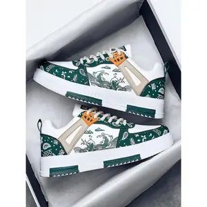 Men's Paisley Patchwork Print Lace Up Skateboarding Shoes, Road Trip Essentials, Sporty Fashionable Comfortable Shoes for Men, Breathable Back To School Non-slip Mens Sneakers,Fall ClothesRAIMENTRY