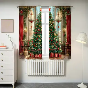 Christmas Theme Curtains, Holiday Plant Pattern Door Curtain, Home Half-Privacy Door Curtain, Window Curtain, Room Decor Curtain, Suitable for Living Room, Bedroom, Kitchen, Office