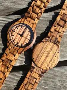 Men's Zebra Wood Watch Handcrafted Natural Sustainable Wood Minimalist Classic Style Japanese Quartz Movement 1.7 Inch Diameter 10 Inch Band Length Gift for Him Husband Boyfriend Groomsmen Dad