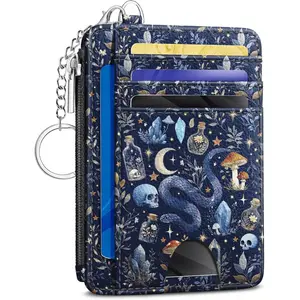 Goth Mushroom Credit Card Holder Slim Wallet Women,Witchy Skull Gothic Night RFID Blocking Small Wallet Woman Keychain with Zipper Coin Pocket, Front Pocket Thin Travel Ladies Card Case with ID Window