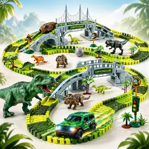 215 PCS Dinosaur Track Toys for Kids, Flexible Race Car Track Set with Glow in the Dark Stickers, Create a Dino World Adventure Road Race Gift
