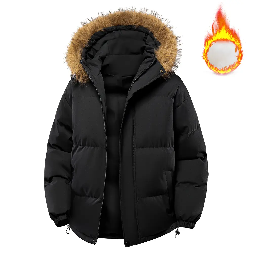 Men's Winter Thick Warm Hooded Long-Sleeve Casual Coat - Detachable Faux Fur Collar, Couples Style, Solid Black, Slim Fit, Zipper, Drawstring, Layering Outerwear Essential