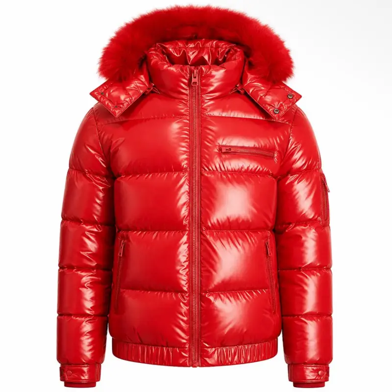Men's Black Glossy Puffer Jacket with Faux-Fur Trim Hood Full-Zip Closure & Multiple Zippered Pockets for Fall Winter