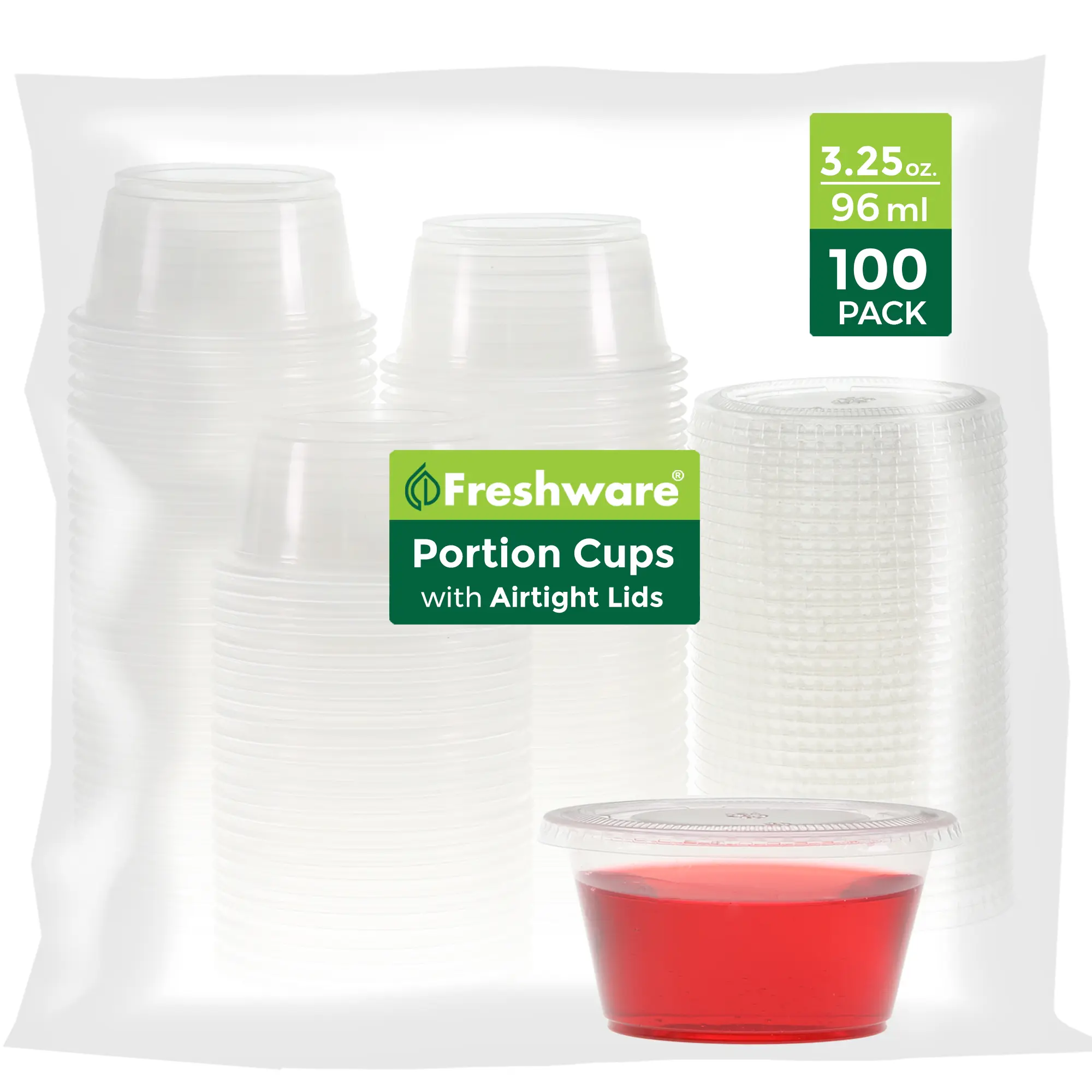 Freshware 3.25 oz Plastic Dessert Cups with Lids 100 Pack, Disposable Portion Cups for Pudding, Fruit, Sauces, Snacks & Parties
