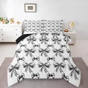 Black Bow Comforter Set for Girls - Bows Bowtie Bedding Set,for Kids Teen,Black and White Bow Tie Bed Set,Princess Ribbon Bowknot Room Decor