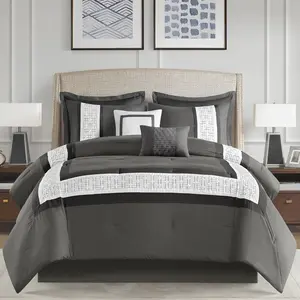 Powell 8 Piece Cozy Comforter Set with Hotel Style Border Design, Geometric Embroidery Details, Matching Sham & Decorative Pillow, Bedskirt