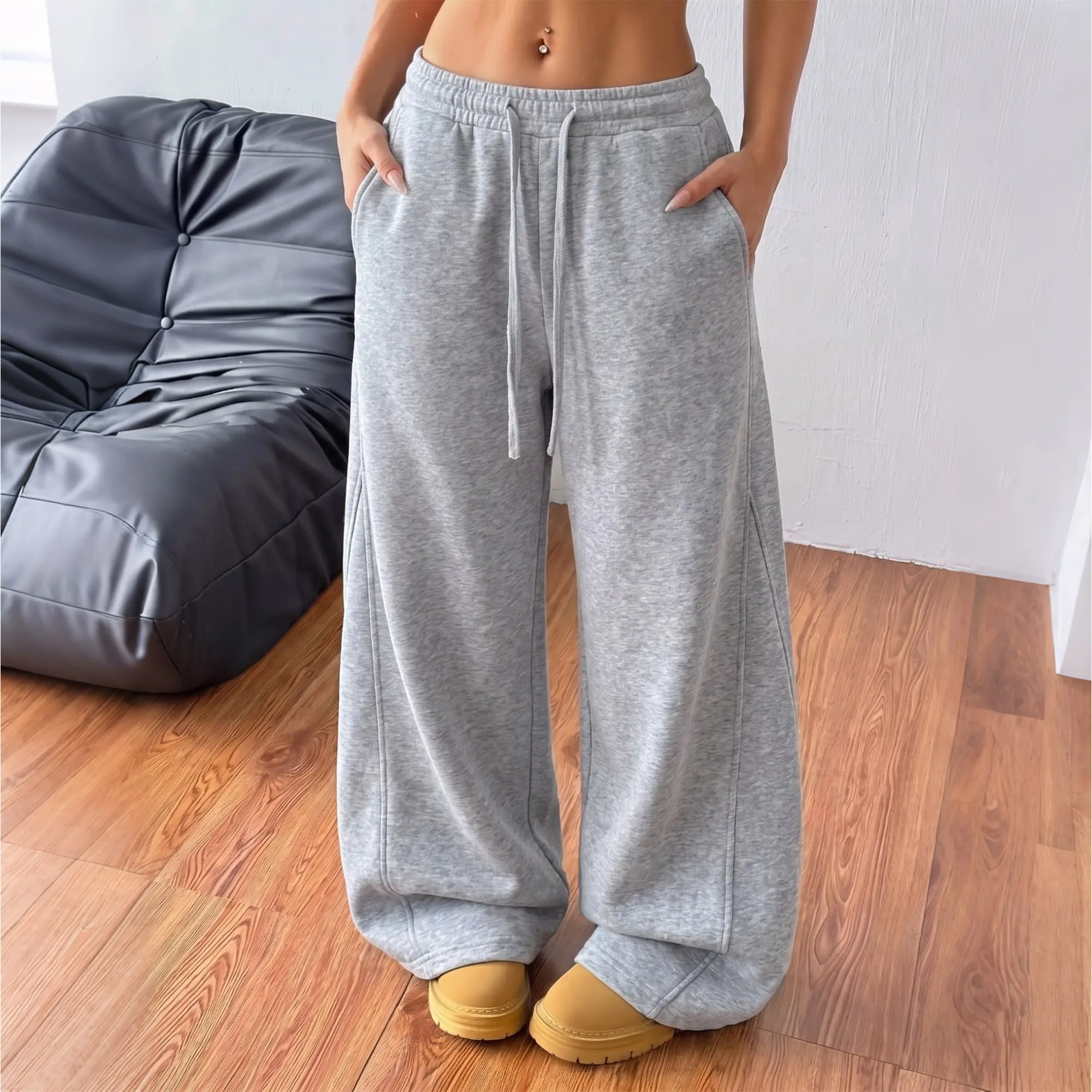 Women’s cotton blend wide leg sweatpants, high waisted loose casual long pants with a drawstring waist and side pockets, oversized relaxed fit, suitable for autumn, everyday wear, travel, and street styles.