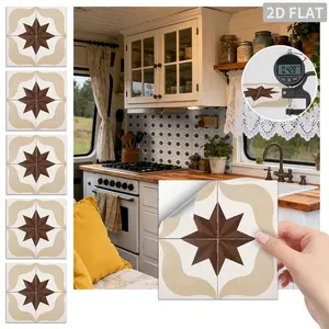 24PCS FHZ Beige Brown Octagram Star Geometric Tile Stickers PET Matte Peel and Stick Backsplash Waterproof Oil Proof Wall Decor for Kitchen Bathroom