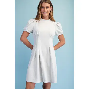 Gigio Sweatshirt Mini Dress Puff Sleeve & Pleats - White Melange
