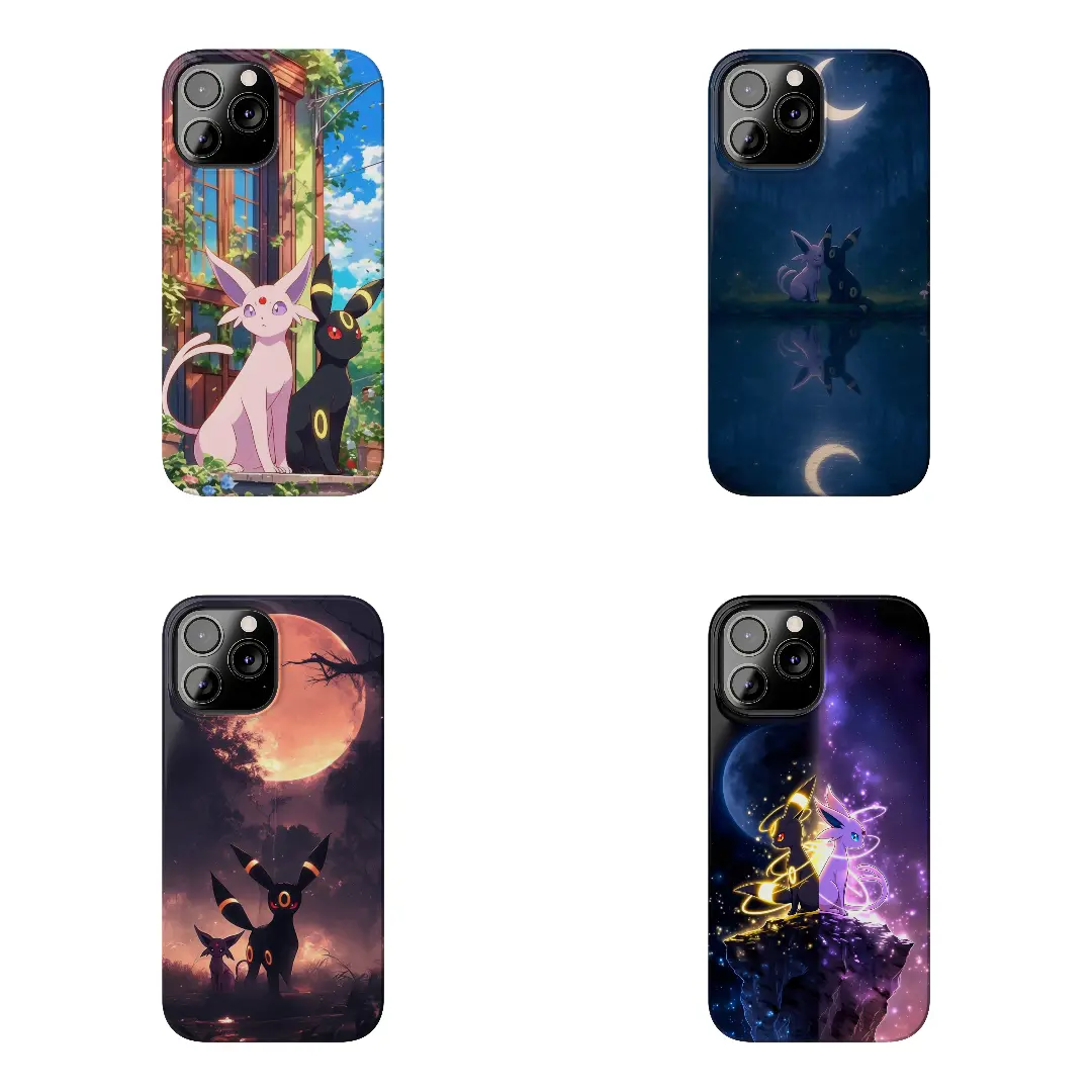 Umbreon & Espeon Phone Case, Eevee Moon Fantasy iPhone Case for iPhone 7–17 Pro Max, Samsung S21–S26 Ultra Shockproof Cover