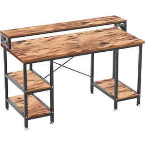Wood Computer Desk with Monitor Shelf, 55 inch Industrial Studio Gaming Desk with Storage, Dual Monitor Stand, Home Office PC Desk, Modern Rustic Compact Writing Desk, Walnut and BlackPersonalized simple study table