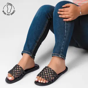 Wide Width Sandals for Women, Summer Slide Sandal Casual Wide Feet Flat Slides Comfort Braided Slip on Sandals Beach Shoes for Women.