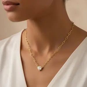 MEIITRUE 14K Gold Plated Heart Necklace for Women, Dainty Zirconia Paperclip Chain Necklace, Pefect Birthday Jewelry Gift for Girls