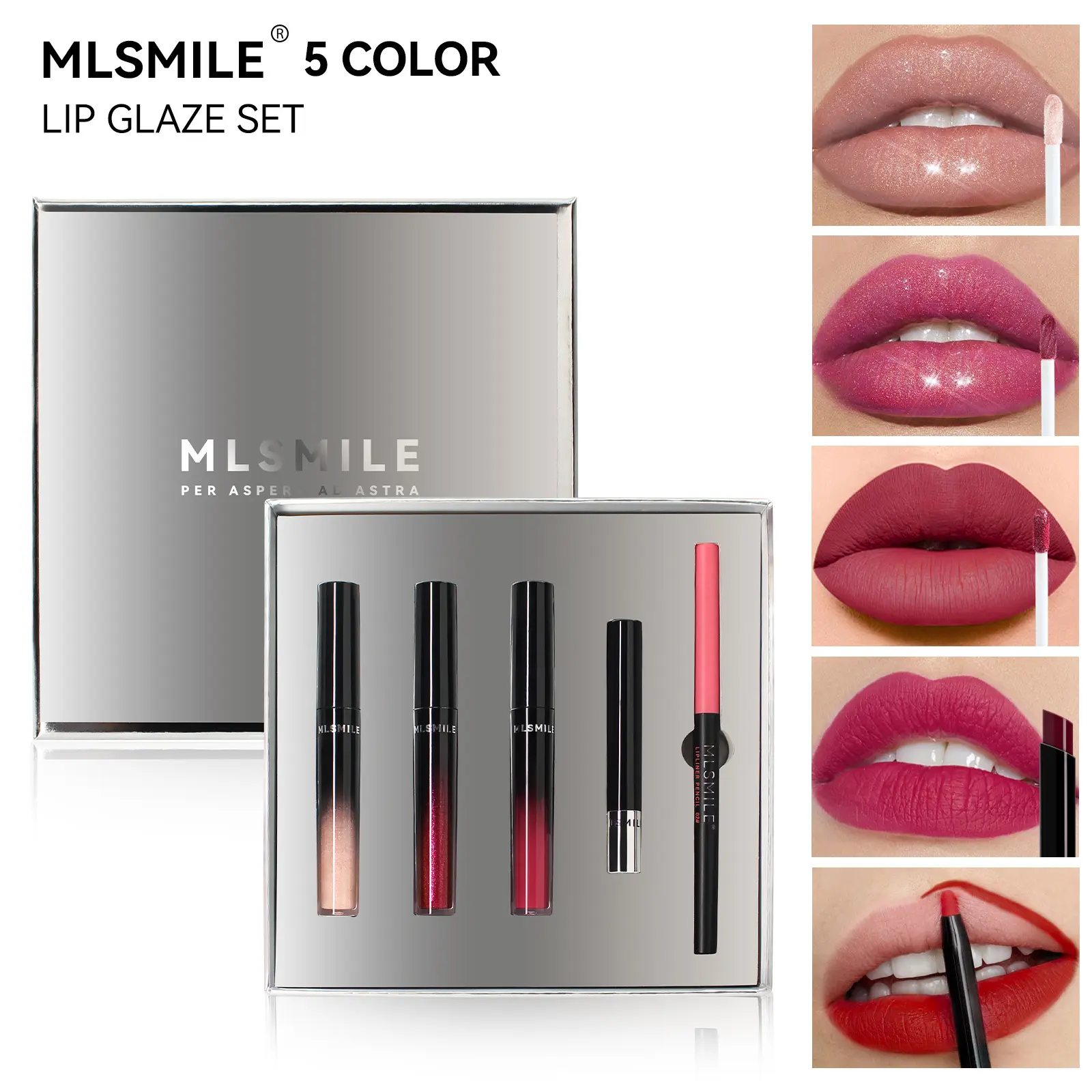 Premium lip gloss and lipstick gift set. Includes lipstick, lip gloss, lip liner, and a complete lip makeup set. , Cosmetic, Glossy