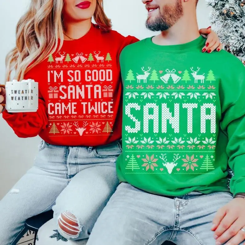 The Original Unisex Funny Couples Matching Ugly Christmas Sweater, Santa Twice, Christmas Pajamas, Couple Sweatshirt