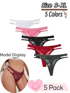 Solid Color Lace Women's G-Strings, Panties, Sexy Hollow Out Drop Waist Thongs, Comfort Breathable All Season Underwear, Womenswear, 5 Pcs Set