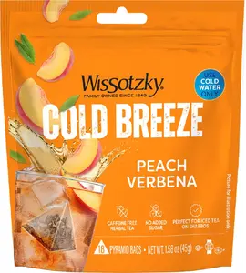 Wissotzky Peach Verbena Cold Brew Herbal Tea Bags, Caffeine-Free Iced Tea for Cold Water Brewing, Refreshing Peach Flavor Herbal Infusion, Kosher, 18 Count Box