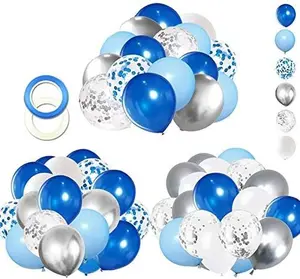 62pcs Blue Silver White Balloons Kit, 12 Inch White Royal Blue Balloons Metallic Silver Balloons Blue Sliver Confetti Balloons for Boy Birthday Baby Shower Graduation Party Supplies