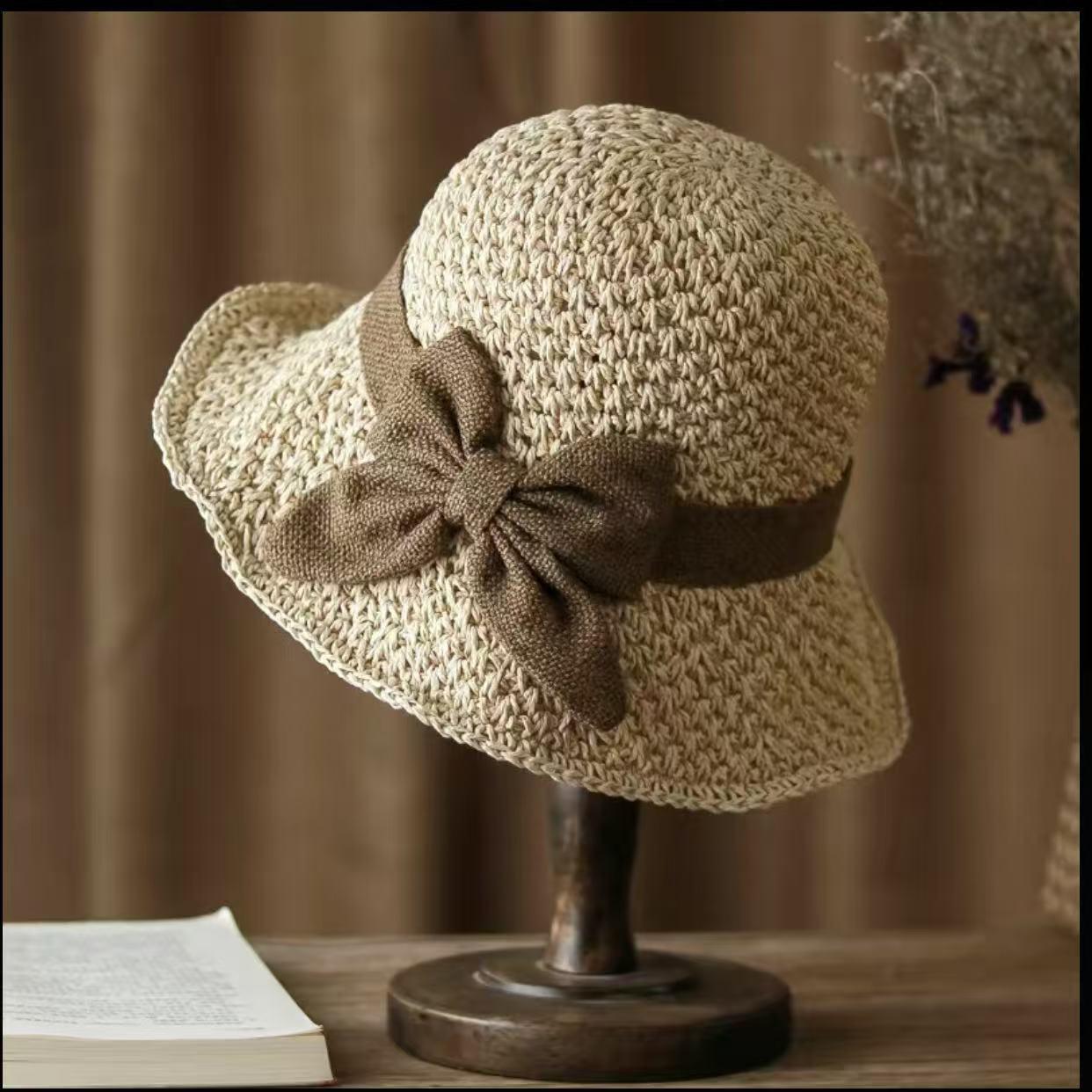 Versatile retro woven handmade straw hat withruffled bow, elegant French sun hat, foldable,breathable travel beach hat.Folds compact for easy portability.