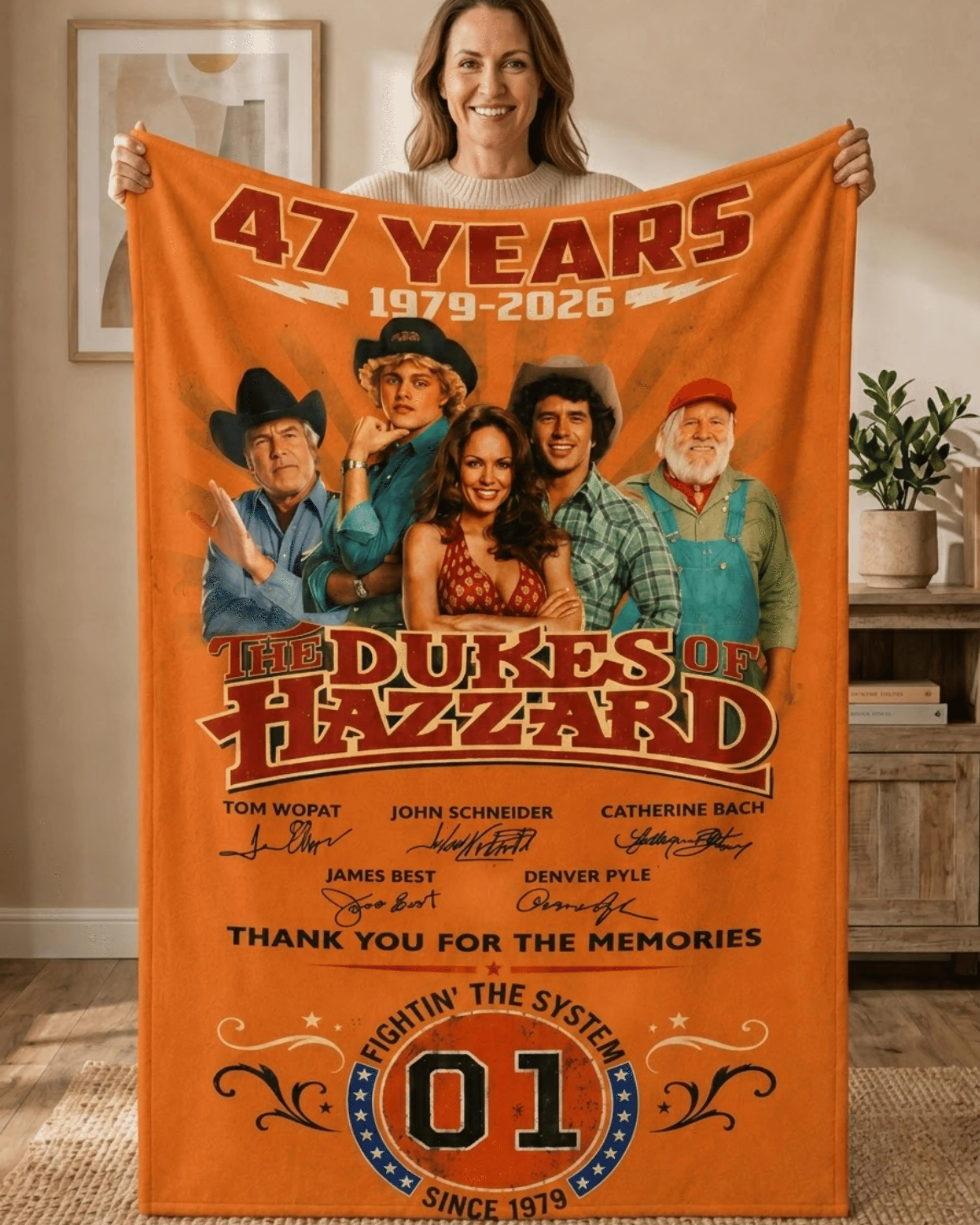 The Dukes of Hazzard 47th Anniversary Blanket, 1979–2026 Cast Tribute Flannel Throw, Retro TV Collector Gift, Cozy Sofa Bed Decor