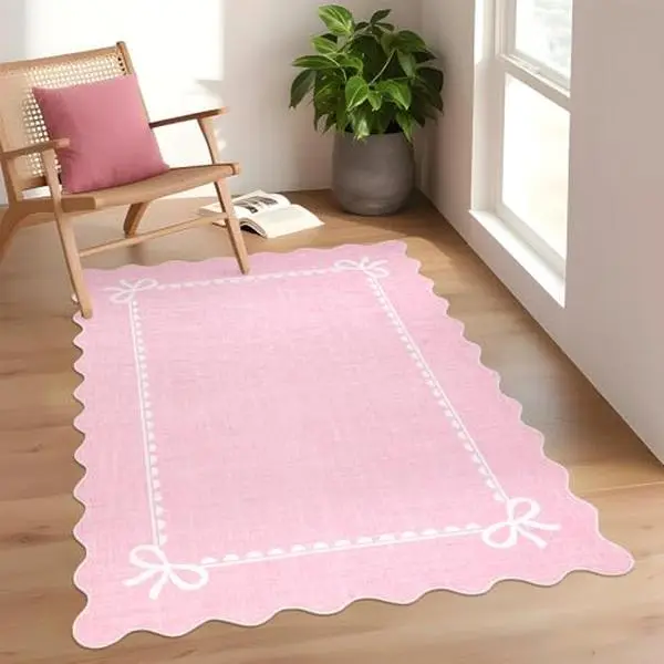 GARVEE 4x6 Scalloped Bow Rug for Living Room,Solid Pink Rug for Dorm,Washable Runner Rugs Soft Low Pile Non Slip Scalloped Rugs for Nursery Bedroom Decor Hallway Entryway Playroom