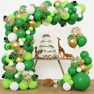 134Pcs Jungle Safari Balloons Garland Arch Kit, Green And Gold White Confetti Balloons With Artificial Tropical Palm Leaves For Birthday Baby Shower Wild One Animal Dinosaur Theme Decoration