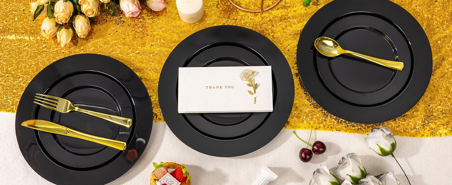 100PCS Black Plastic Plates, Heavy Duty Disposable Black Plates with 50 10.25 inch Dinner Plates and 50 7.5 inch Dessert Plates for Party, Holiday, Wedding