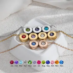 AS1793 Customized Engraving Name Birthstone Pendant Round Smooth Surface Personalized DIY Stainless Steel Necklace Gift for Men and Women