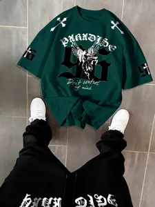 Men's Dark Gothic Print Short Sleeve Set, Street Style Fitted, Single Wear T-Shirt & Pants, Casual Fashion