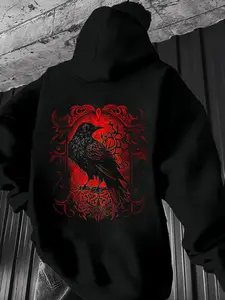 Gothic Raven Hoodie Sweatshirt, Pullover with Vintage Dark Art Print, Loose Fit Long Sleeve Streetwear, Unisex Fall & Halloween Clothing