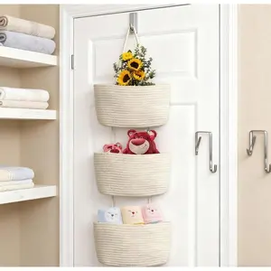 Small woven cotton jute basket 3-tier wall-mounted hanging organizer over the door wax-covered storage bag decorative nursery caddy for ideal shelf room storage gift hook cosmetics baby shower weaving hangable easter