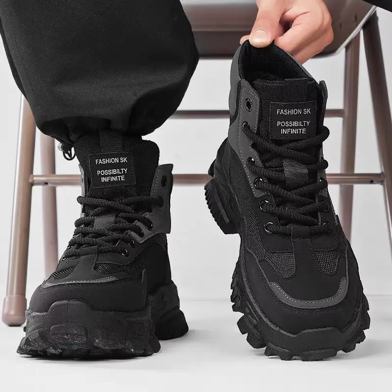 Men's High Top Platform Work Boots, Casual Non Slip Ankle Booties, Fashion Chunky Sole Tactical Hiking Boots For Outdoor Walking Daily Wear
